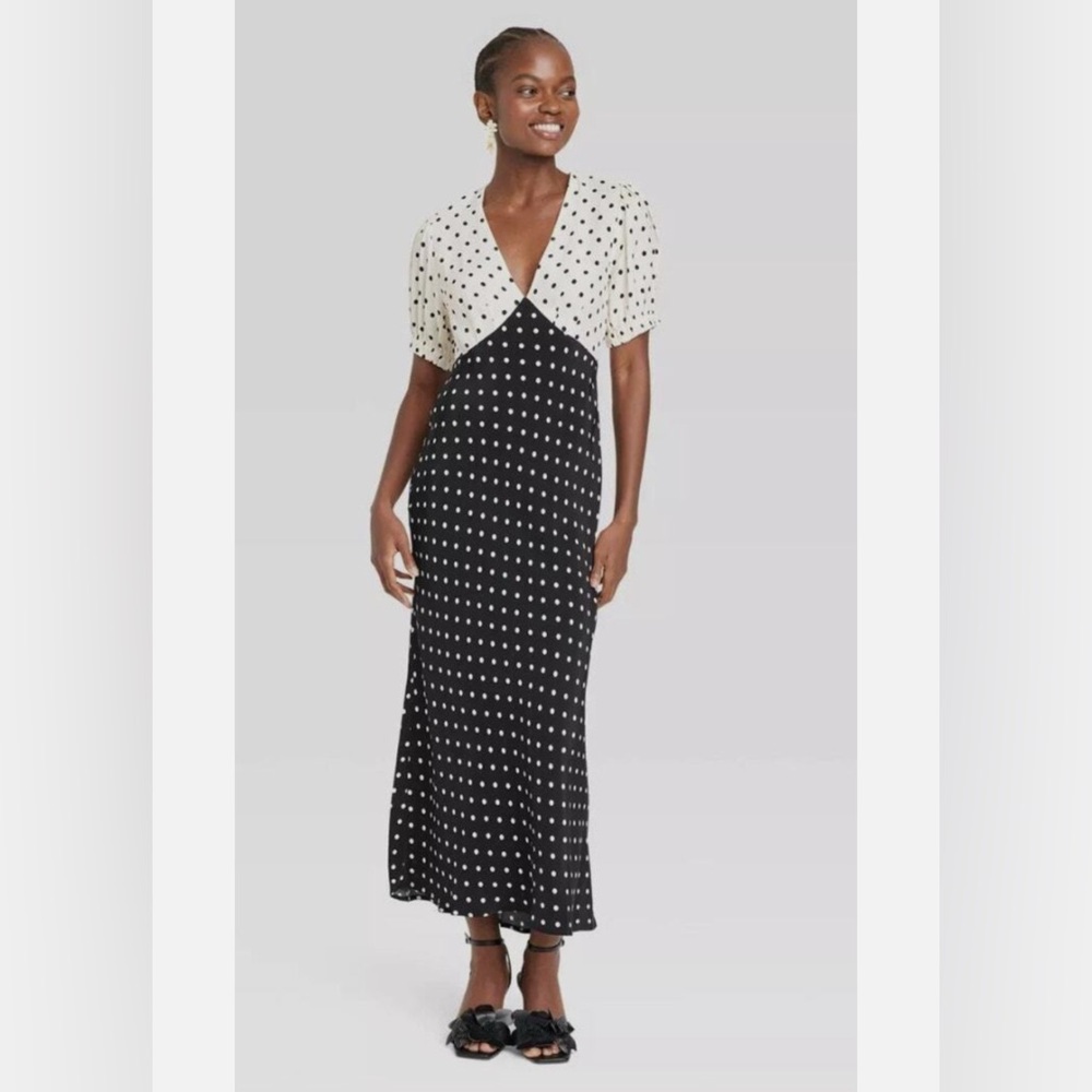A New Day Crepe Puff Short Sleeve Midi Dress - Black/White Polka